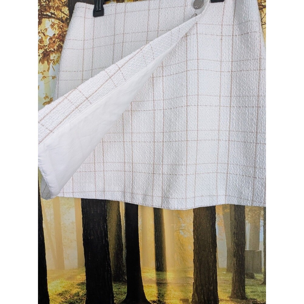 DKNY Mini Skirt Women's 10 Beige White Plaid Tweed Textured Lined Asymmetrical - Picture 5 of 14